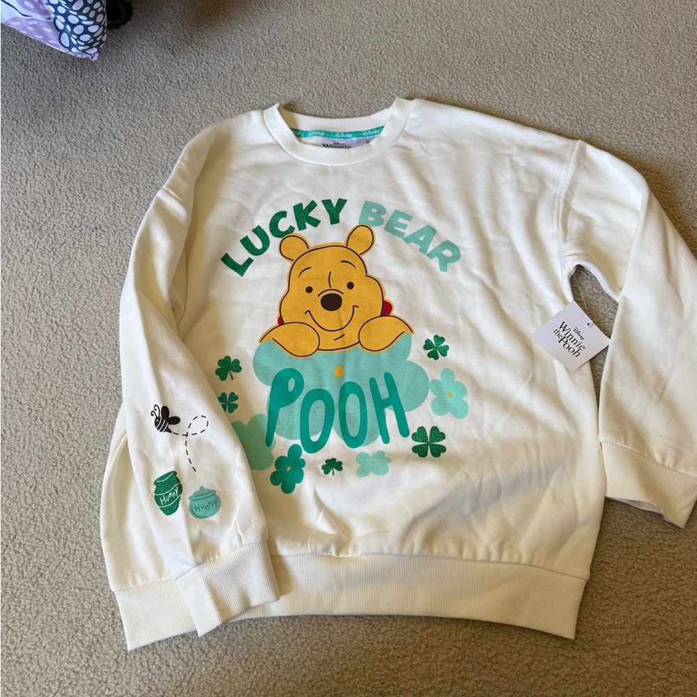 Lucky Bear Pooh Sweatshirt - White with Teal & Yellow Graphic